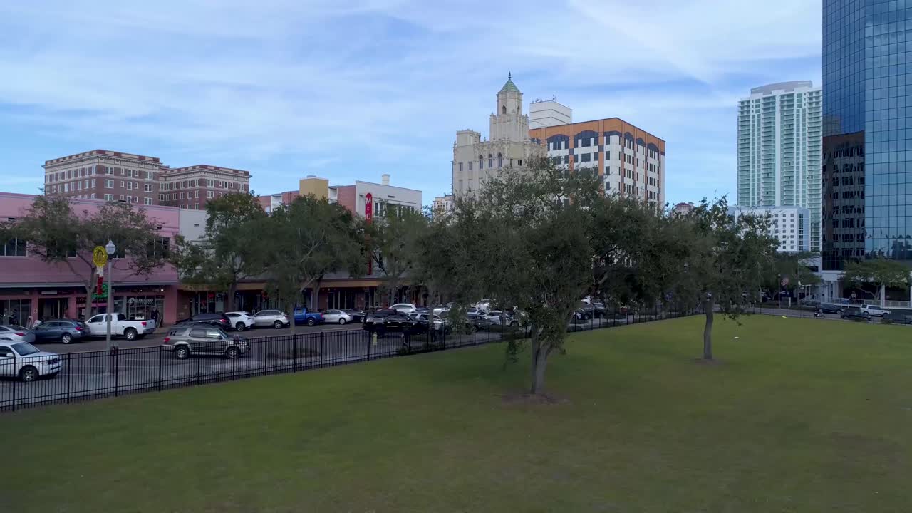 4K Aerial Video of Downtown St Petersburg, Florida Central Avenue Between 4th Street and 5th Street