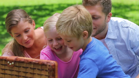 Family-open-a-picnic-basket-to-take-out-slices-of-watermelon-before-beginning-to-eat