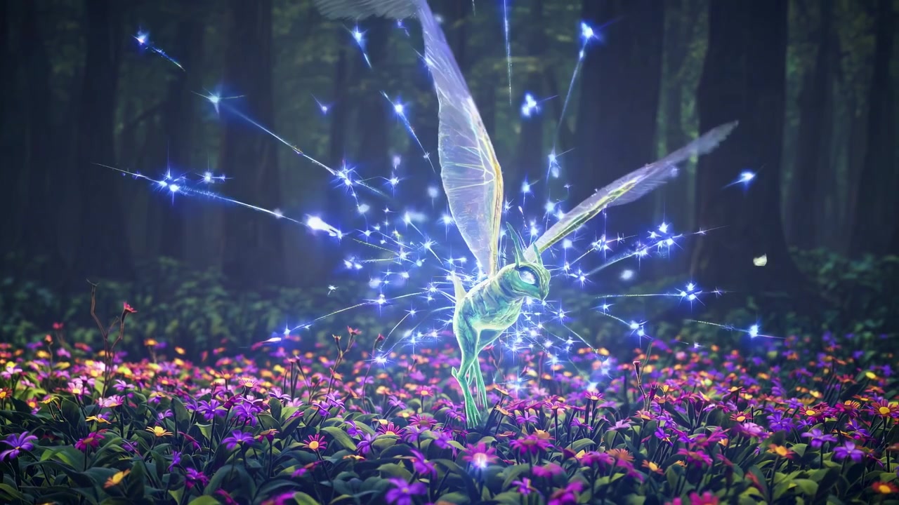 Fata verde magica che vola sopra un vibrante prato di fiori selvatici