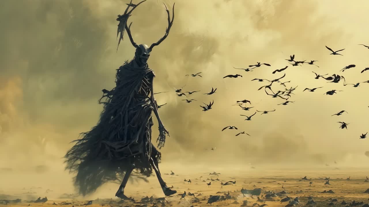 검은 드레스를 입은 남자가 사막을 고 새들이 그를 둘러싸고 날고 있다.