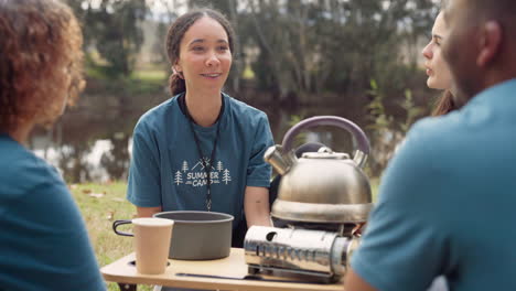 volunteer, tea and a camp counselor group talking