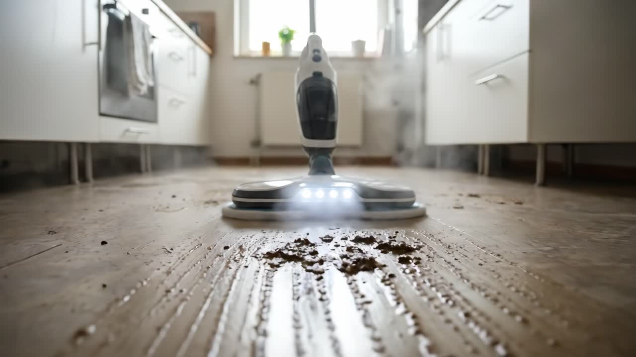 Moderní parní mop čistí špinavou podlahu v kuchyni