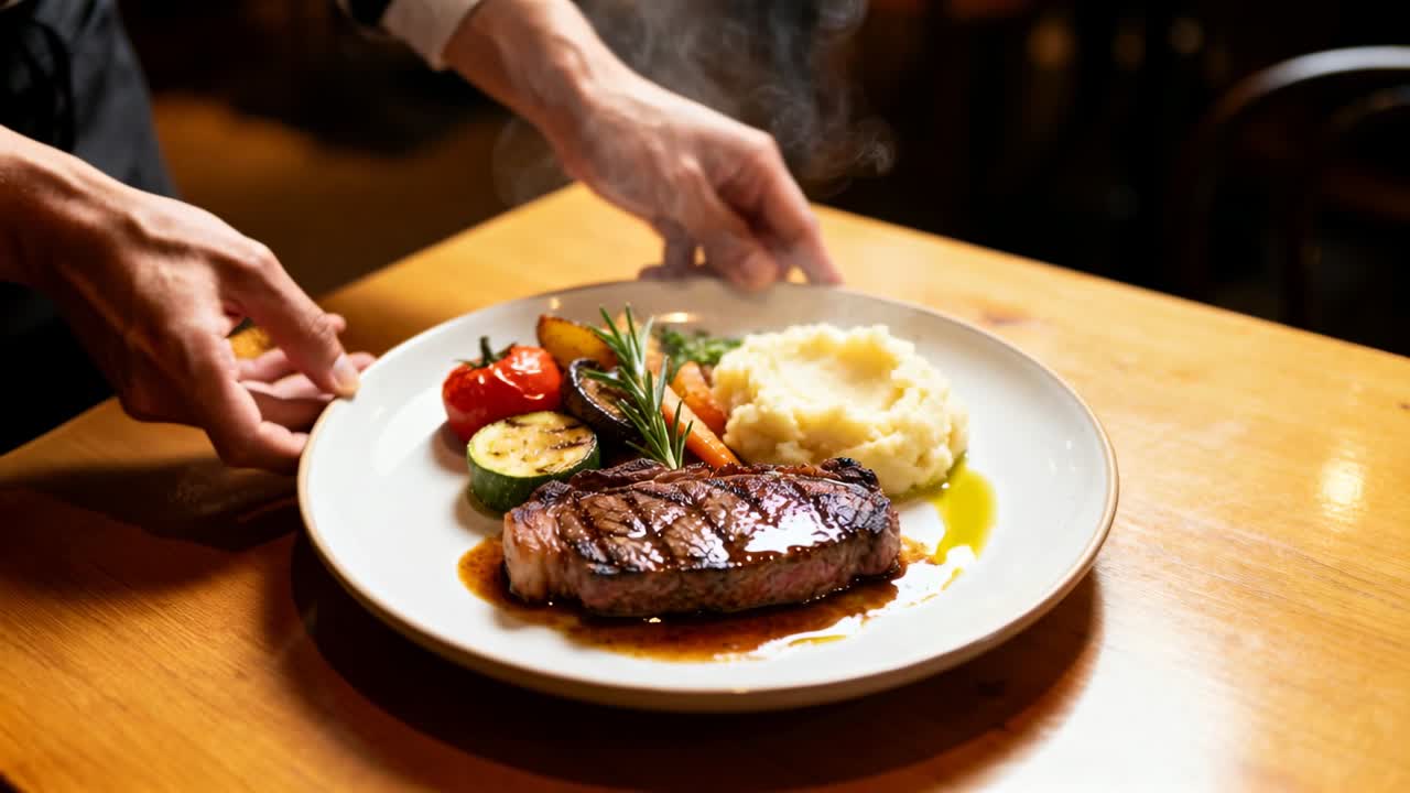 Vertical video: Hands entering placing plate waiter in apron serving steak and sides at diner