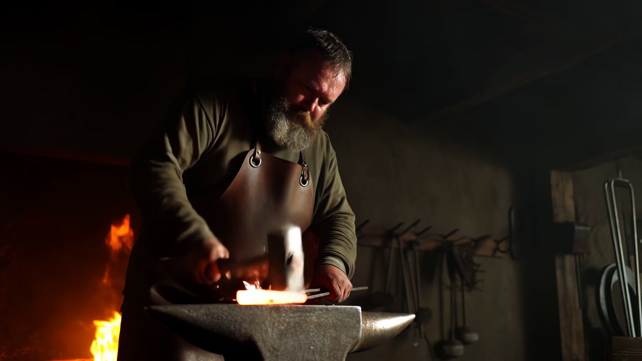 Bearded White Blacksmith Forging Glowing Metal, Sparks Showering From Hammer Strikes, Leather Apron