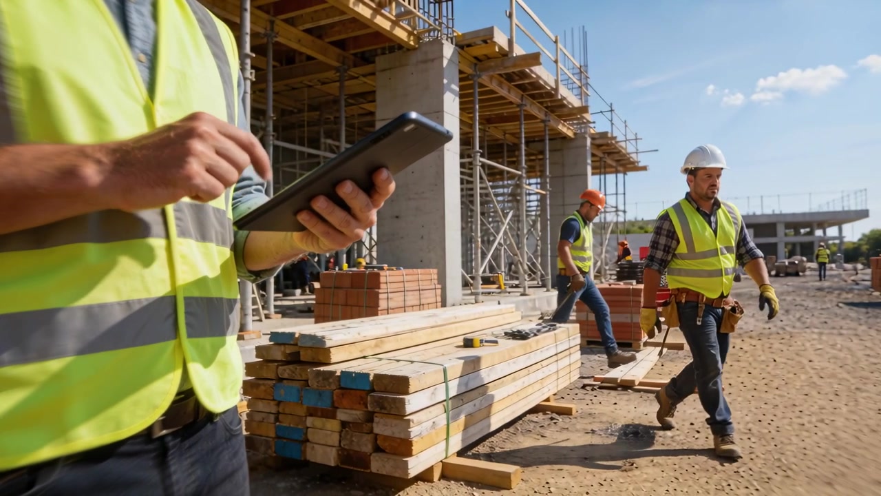 Checking supervisor wearing yellow vest tapping tablet, coordinating lumber at worksite, copy space