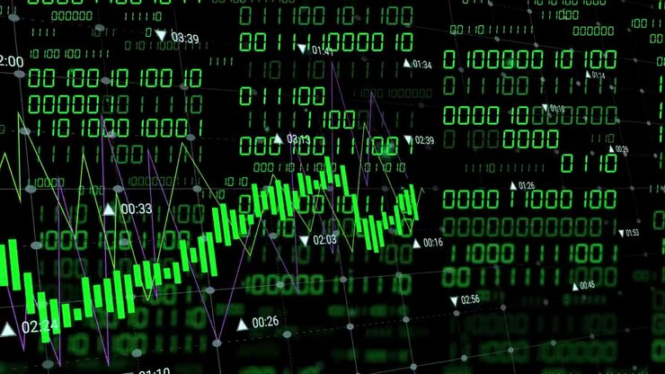 Green candles responding to binary pulse, sliding right, dropping, rebounding, showing market trend