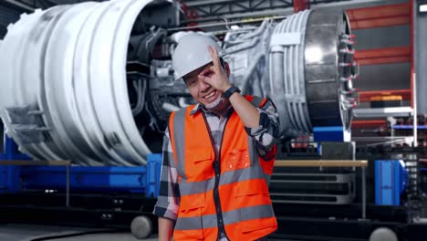 asian male engineer with safety helmet showing ok hand sign over eye and smiling to camera while standing with airplane engine maintenance conducted, analytics checking the turbine