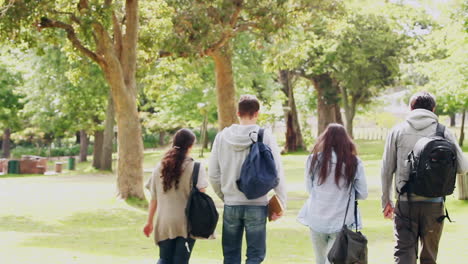 Four-friends-looking-at-the-camera-before-turning-around-and-walking-away