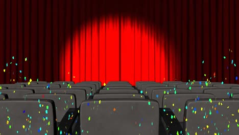 animation of confetti falling and red curtains open in cinema