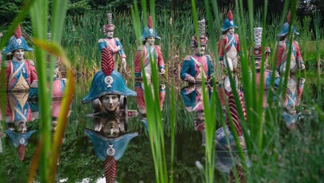 decaying statues of napoleon and soldiers in swamp terrain, abandoned theme park