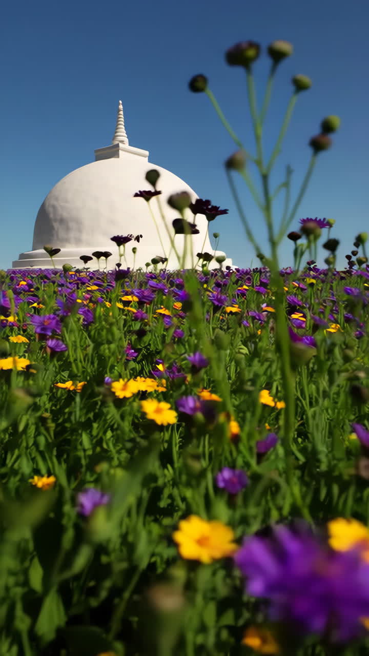 Stupa bianco circondato da fiori colorati