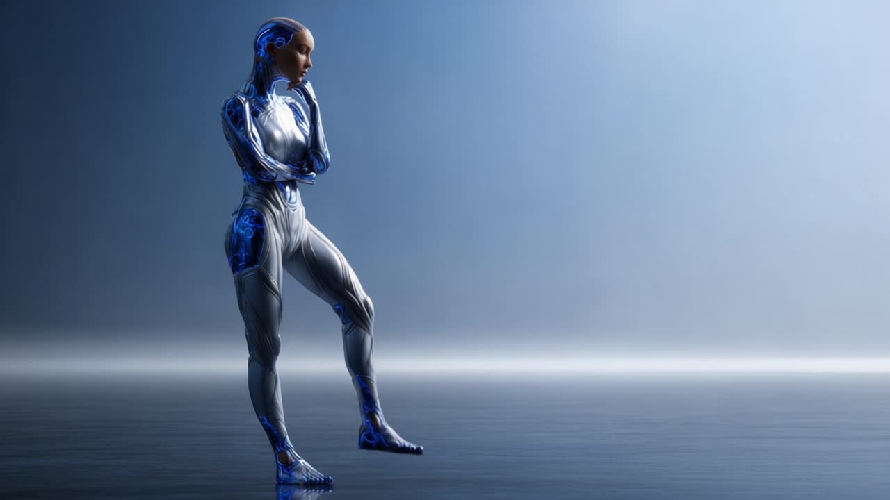 A contemplative humanoid robot stands in a serene environment, showcasing advanced technology and a futuristic design, blending art and innovation seamlessly