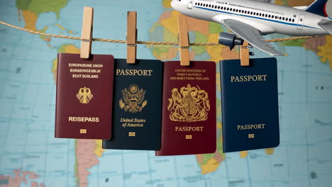 global travel with passports and airplane