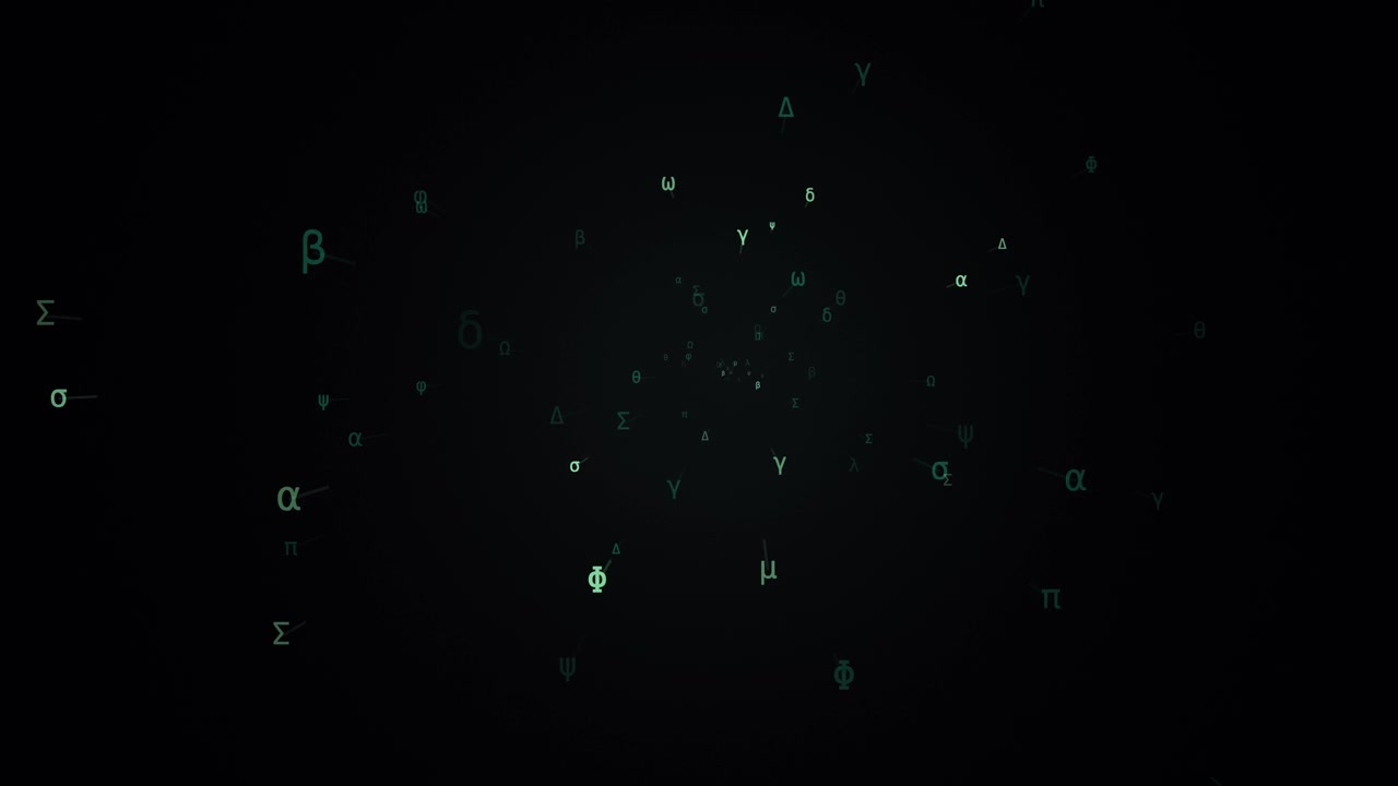 Green Greek letters drift through a dark void with subtle central lighting and depth effects