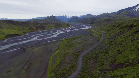 the landscape of thorsmork in highland of iceland from drone aerial view.