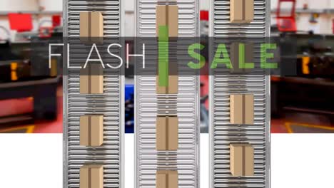 animation of flash sale text over cardboard boxes on conveyor belts