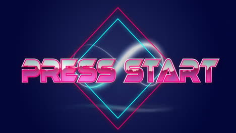 press start text with neon geometric shapes on dark blue background, animation