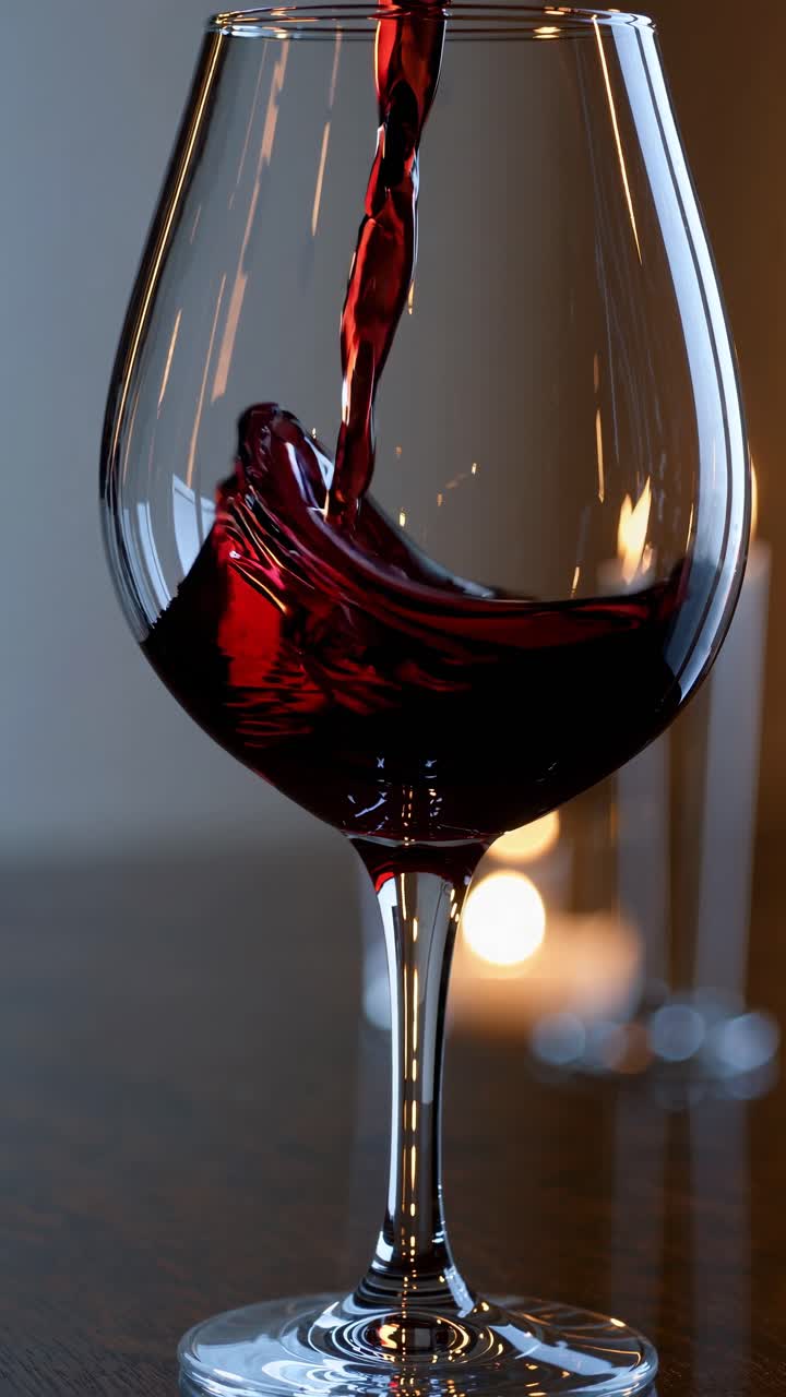 Elegante primo piano di un calice di vino con vino rosso, morbido bokeh di luce di candela sullo sfondo.