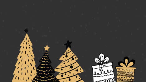 nieve cayendo sobre los árboles de navidad y regalos contra un fondo gris