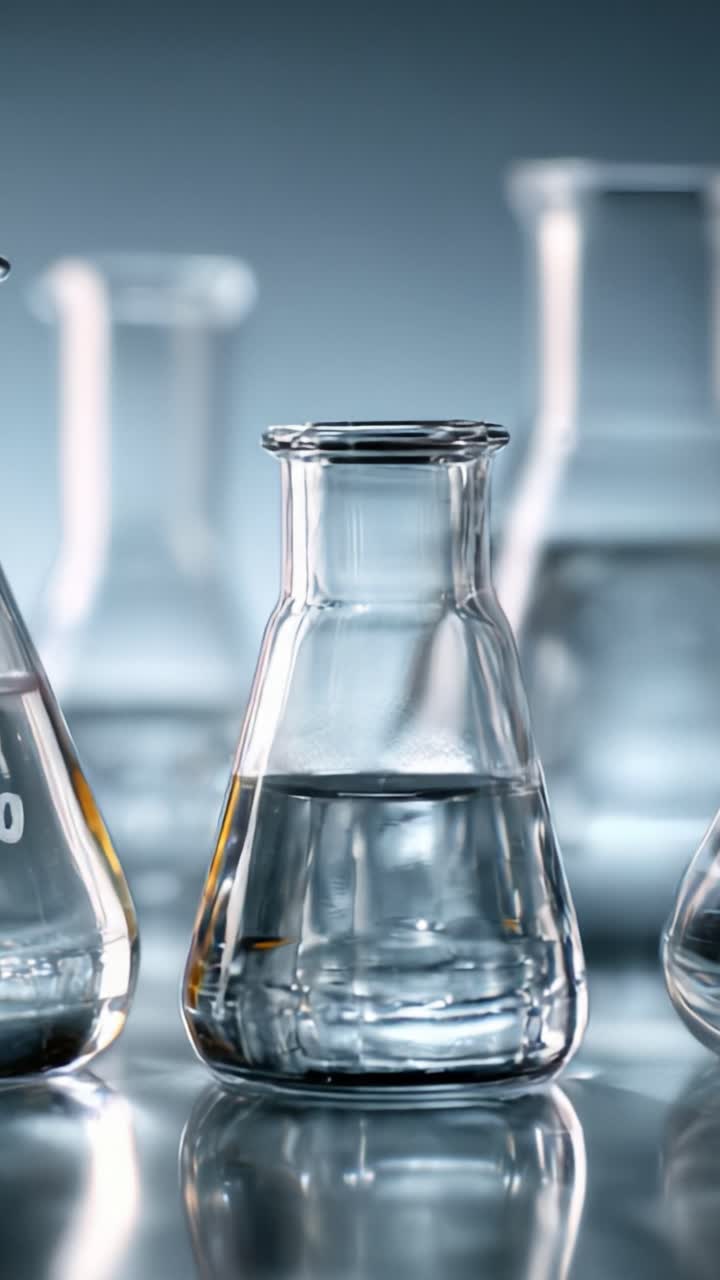 Una Prospettiva Ravvicinata di Diverse Fiasche di Vetro da Laboratorio che Mostrano la Loro Chiarezza e Precisione con Formulazioni Liquide all'Interno, Ideali per Applicazioni Scientifiche