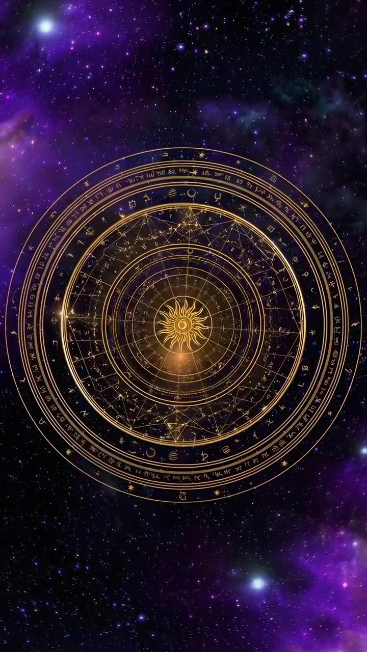 Carta astrologica dorata rotante su uno sfondo di nebulosa viola