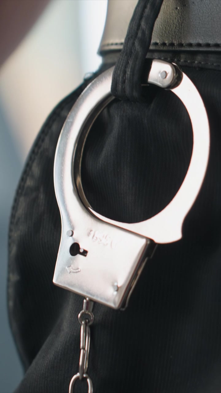 Primo piano del diaframma e della parte inferiore del busto di una giovane donna che indossa. Una manetta d'argento è attaccata alla cintura tramite un cinturino ad anello. Una mano si allunga verso o afferra le manette metalliche appese.