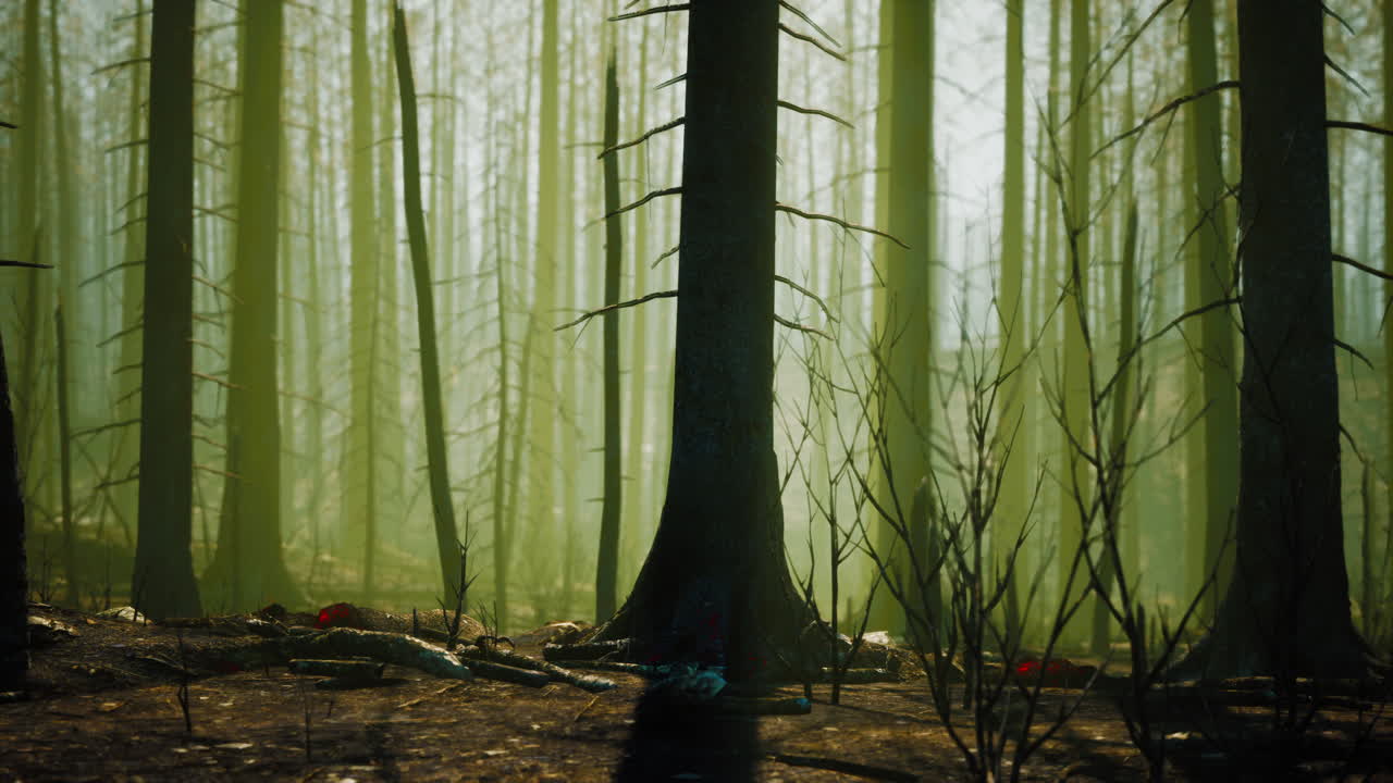 죽은 나무와 안개로 불타는 숲