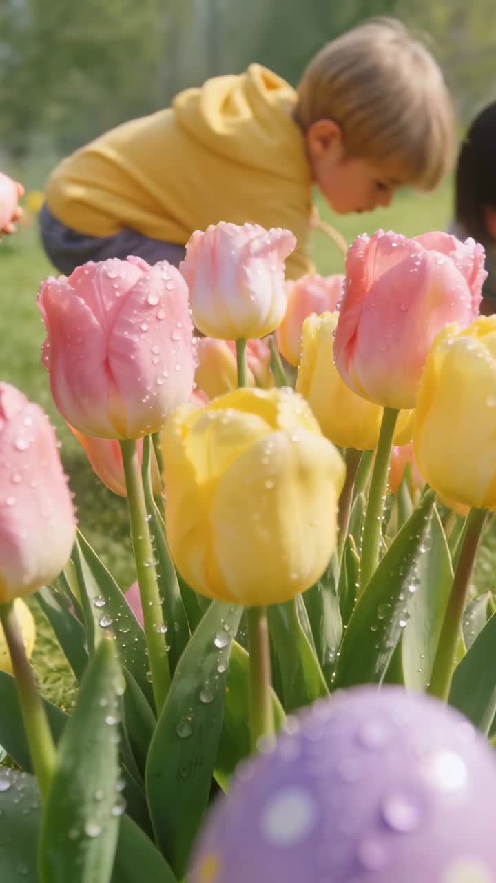 Vertical video: Kids arriving near tulips in park, blond in yellow hoodie collecting eggs in basket