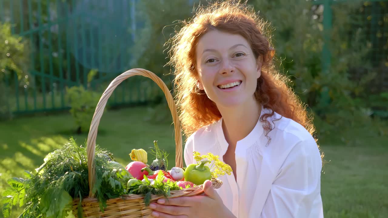 Woman Holding Basket of Fresh Vegetables in Garden