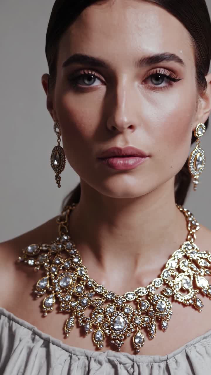 Close-up video shot of a woman wearing ornate jewelry, showcasing intricate details