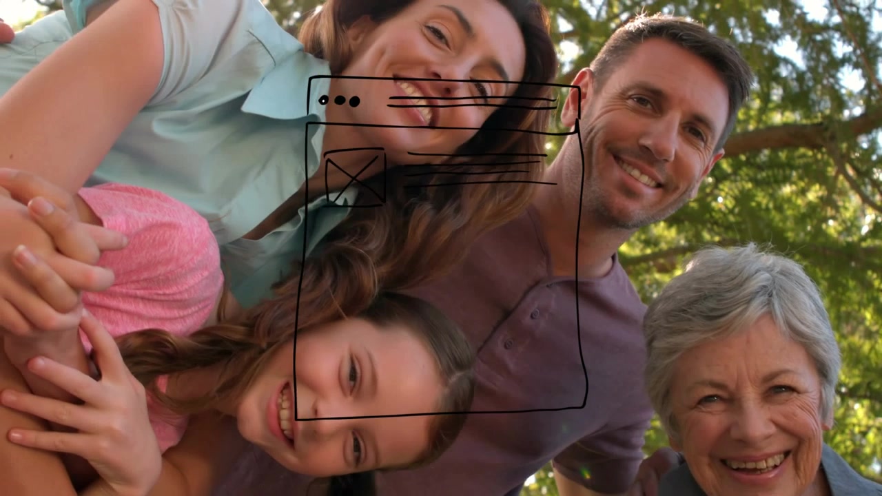 Animazione di un'icona di documento su una famiglia caucasica sorridente.