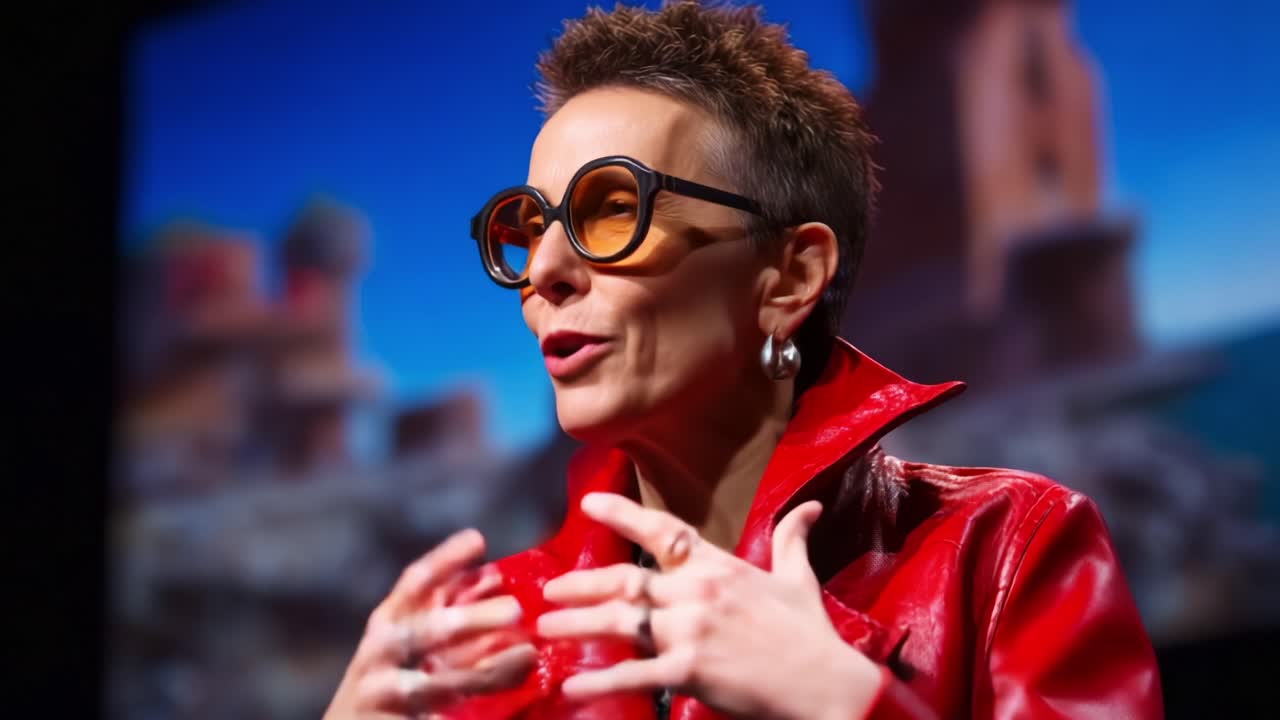 Dynamic Speaker in Bold Red Jacket Engages Audience with Passion and Insight, Sharing Knowledge and Ideas with Enthusiasm While Creating a Memorable Connection