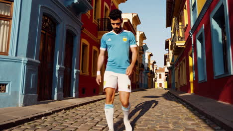 argentina soccer player in a colorful city street