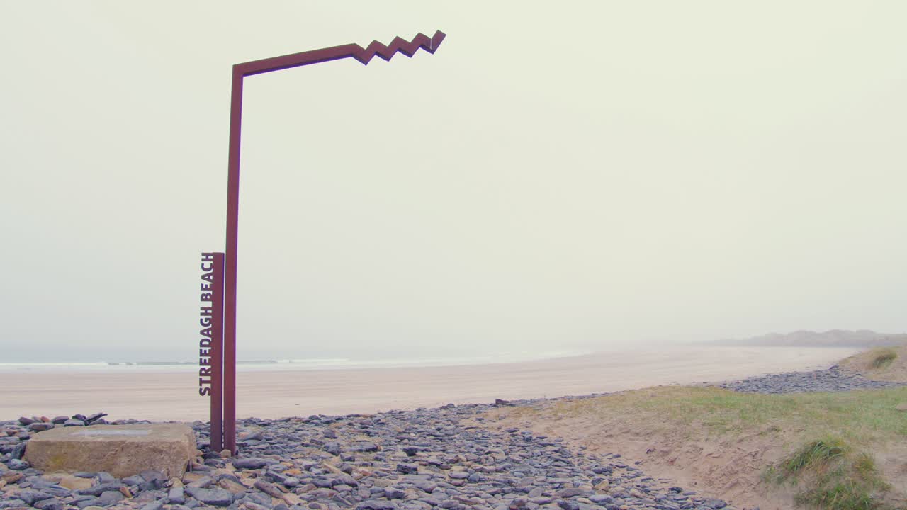 Streedagh beach Wild Atlantic Way sign in fog Irish coast