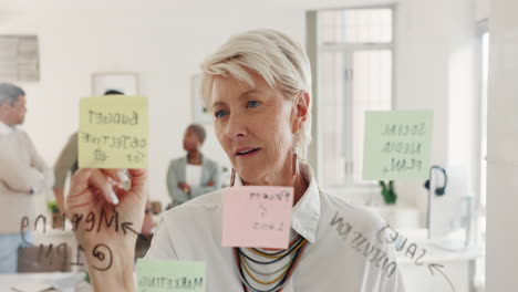 Corporate-woman,-sticky-note-writing