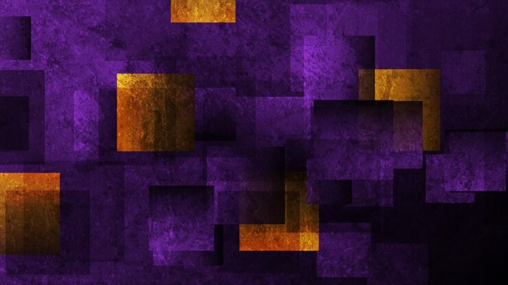 Design astratto in movimento con quadrati grunge viola scuro e arancione.