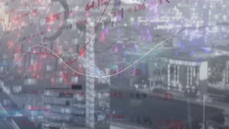 statistical and stock market data processing against aerial view of cityscape