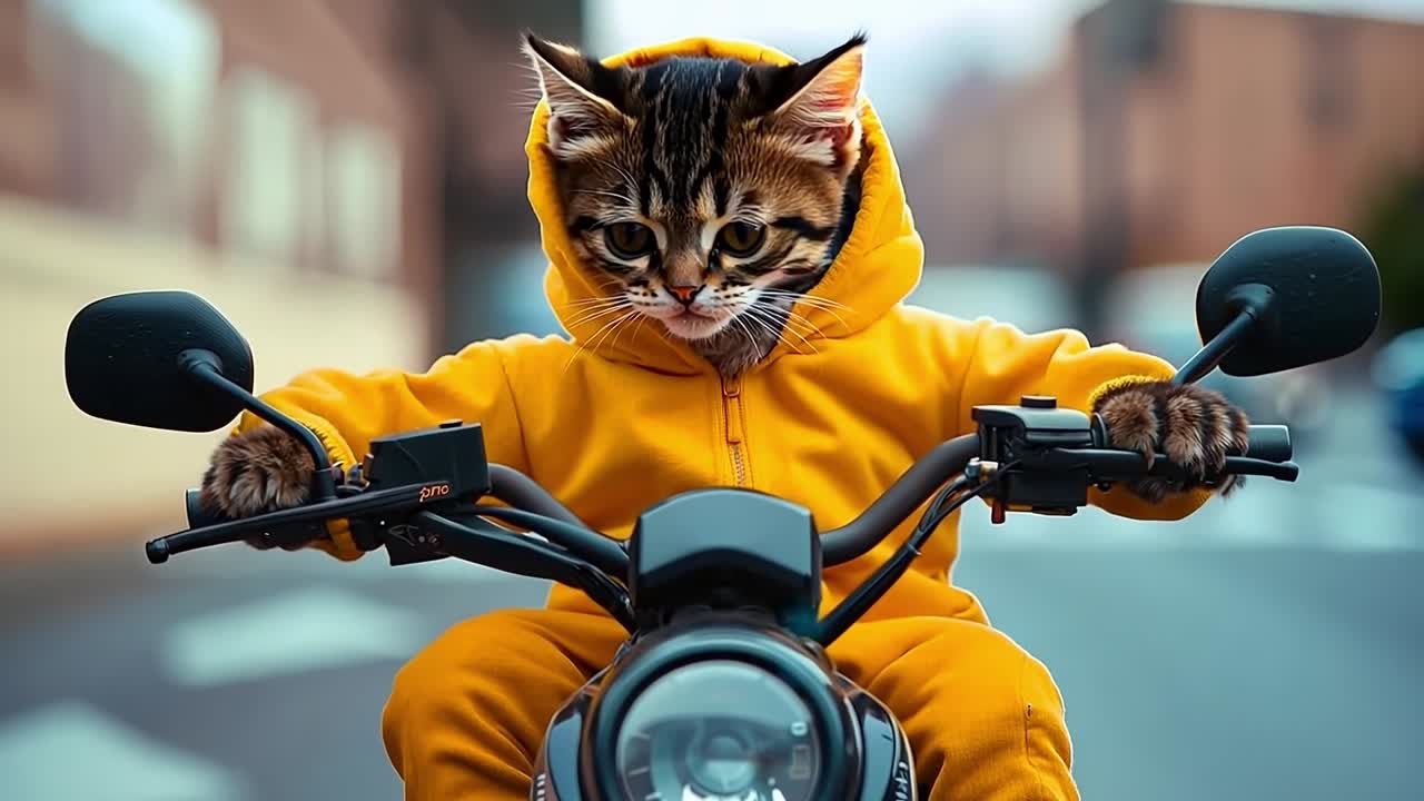Seekor kucing berjaket hoodie kuning mengendarai sepeda motor