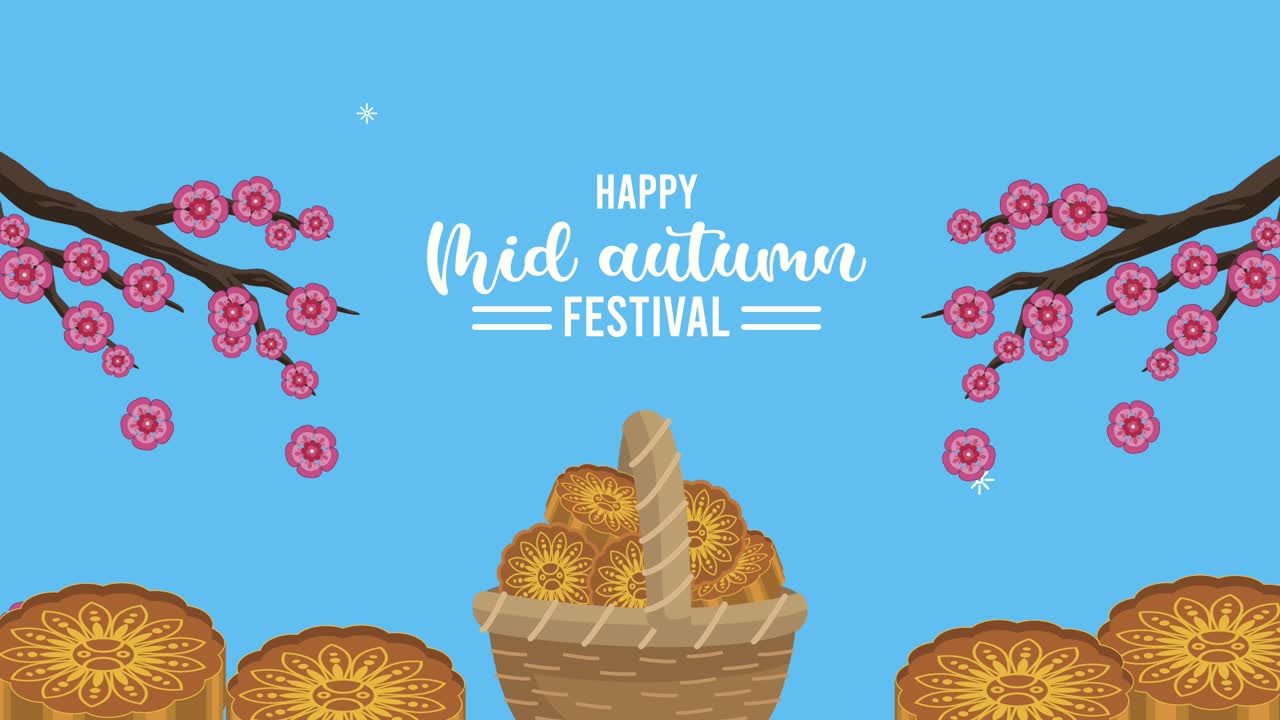 feliz festival de mediados de otoño letras con pasteles de luna en la canasta