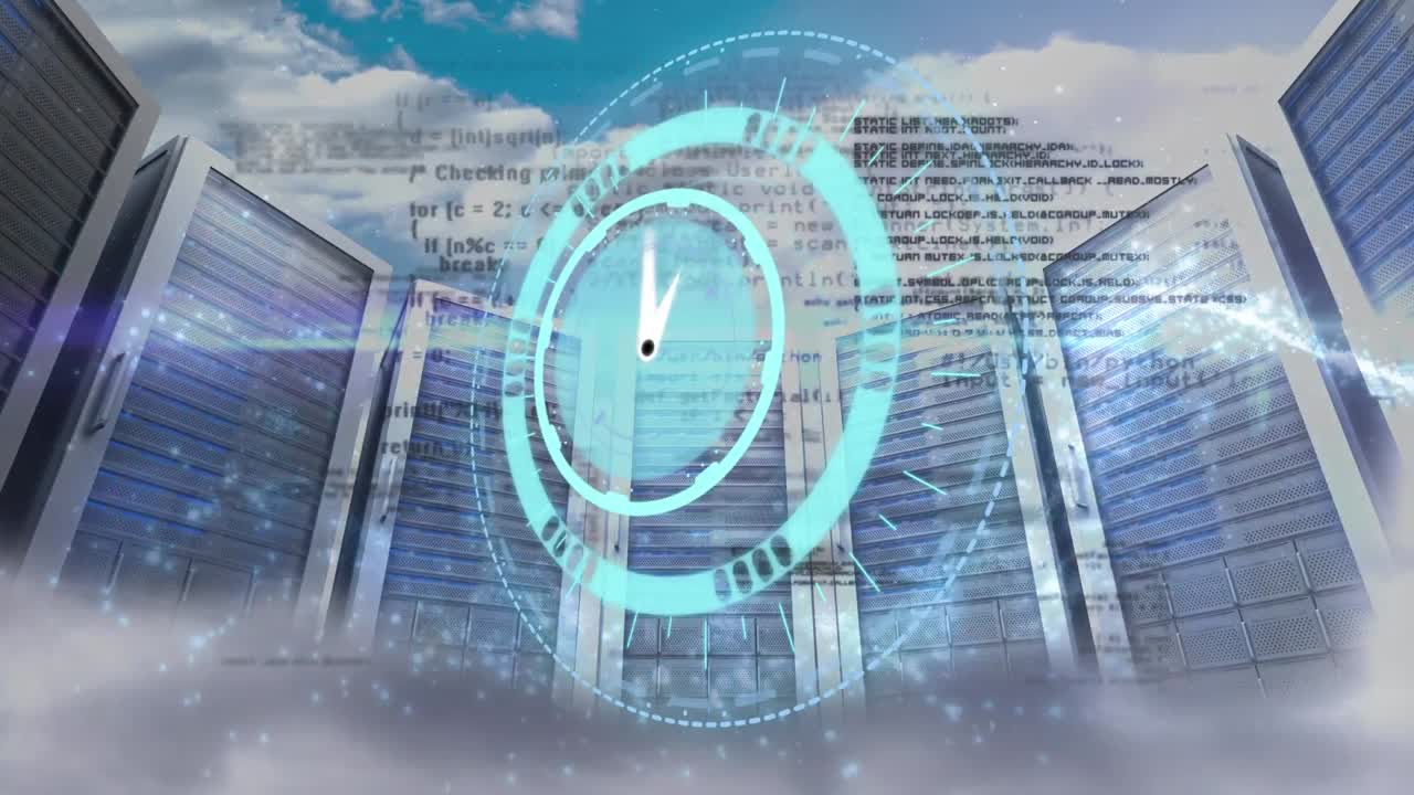 Animation of data processing and clock over servers