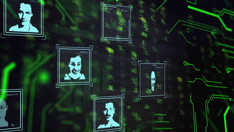 animation of digital data processing and people biometric icons on dark background