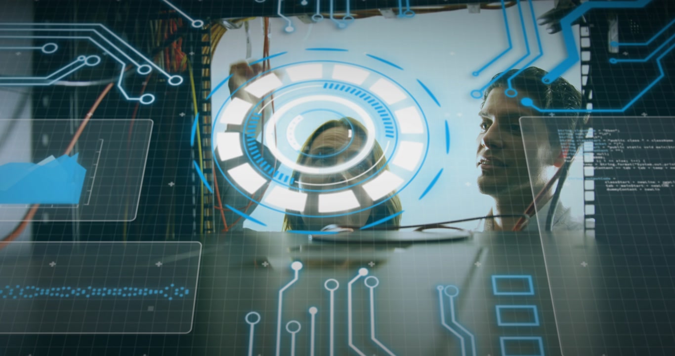 Animation of data processing over caucasian man checking computer wires