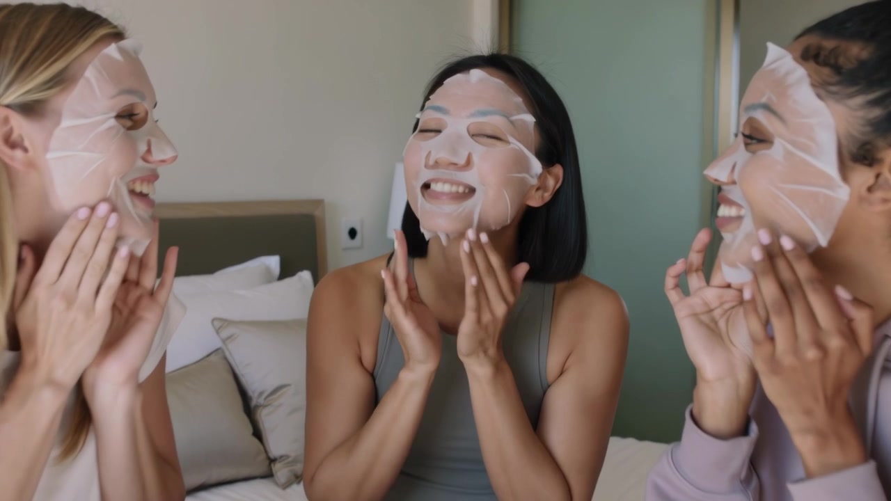 Mulher levantando o centro da máscara, alinhando e alisando máscaras faciais de folha com amigas, de roupa de lazer na cama, para a pele.