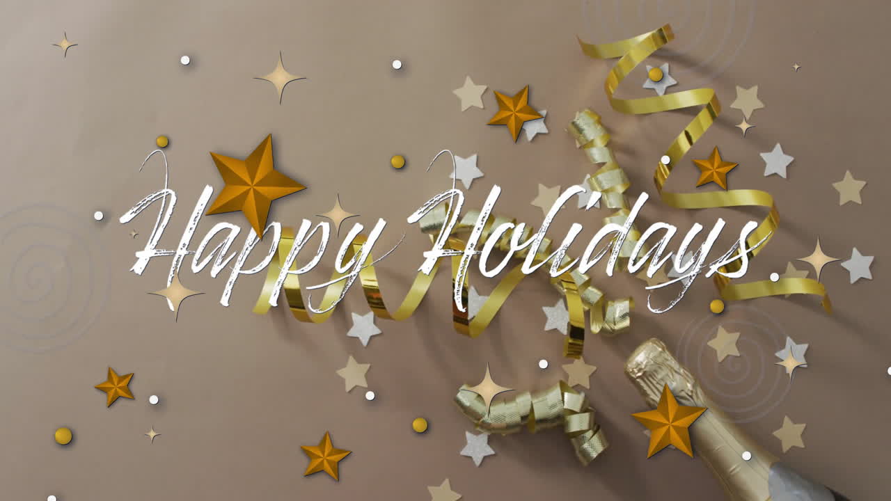 Animation of happy holidays text over christmas decorations background