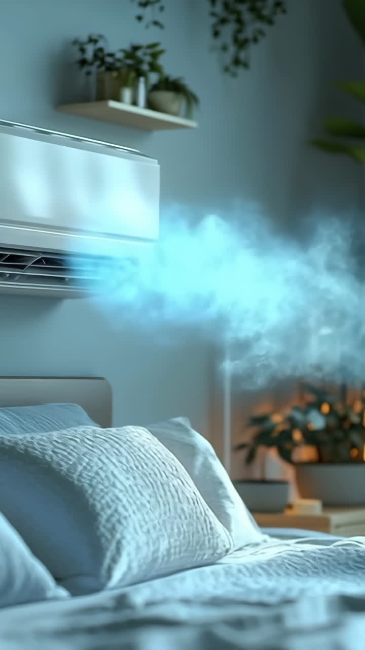 Cool air flows in cozy room. A modern AC cools the stylish bedroom, creating a comfy atmosphere with soft lighting.