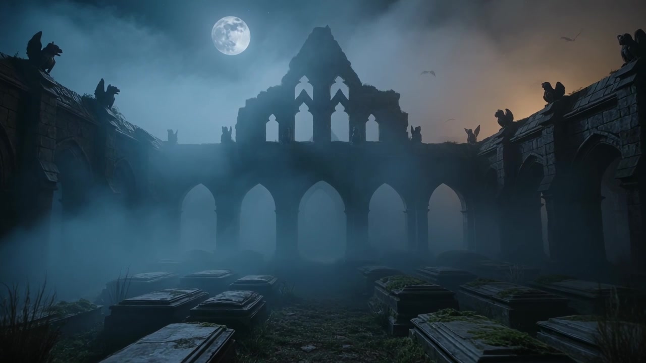Luna piena che inonda di luce un'abbazia in rovina e tombe di pietra in un cimitero, con la nebbia che si sposta e un caldo bagliore che appare.