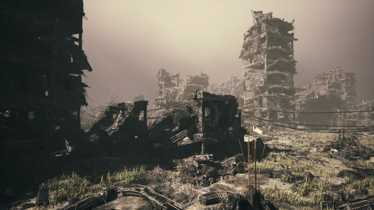 Operaio che smista metallo tra cemento rotto nella nebbia del primo mattino