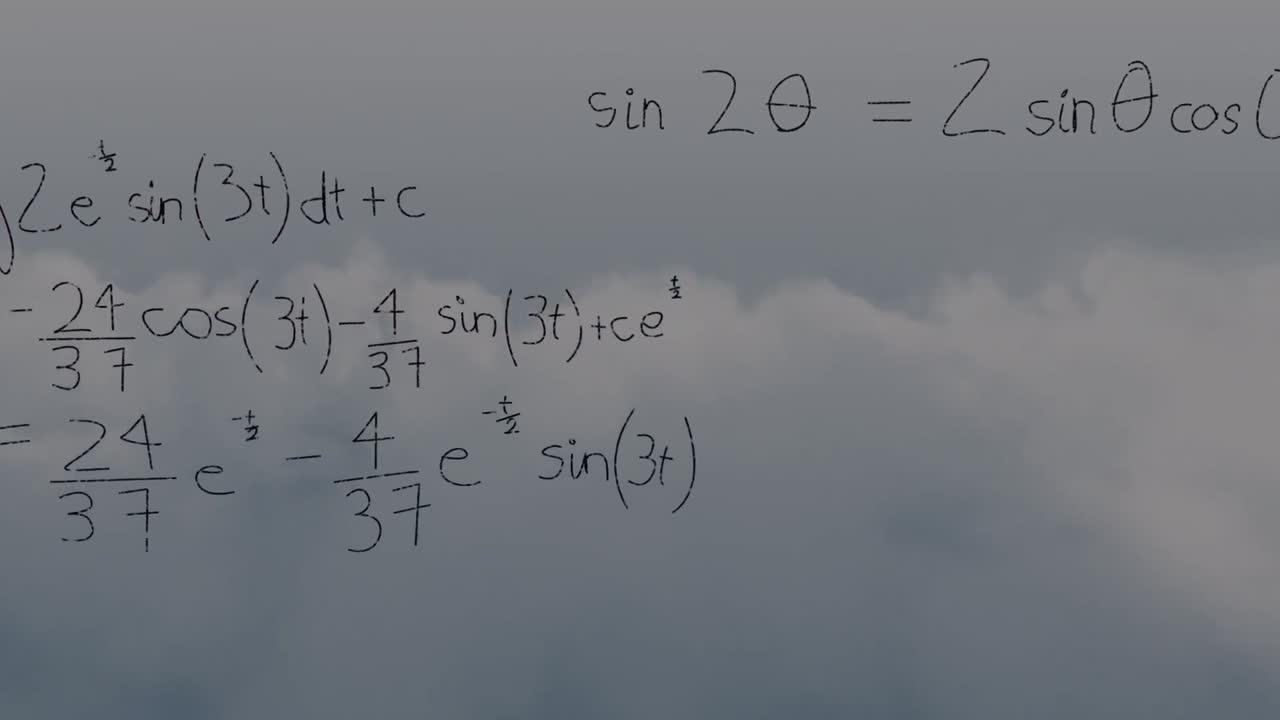 animación de fórmulas matemáticas sobre un cielo nublado azul