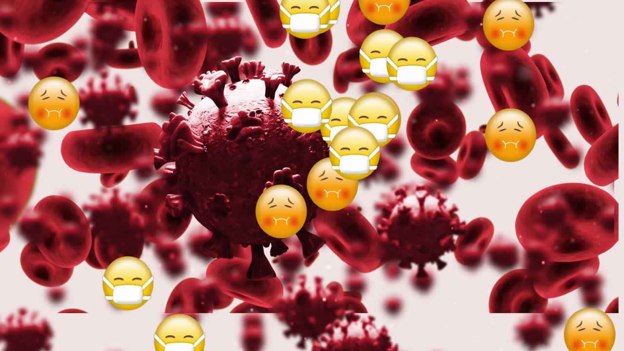 náuseas y cara con emoji de máscara flotando contra las células de covid-19 y los vasos sanguíneos en movimiento