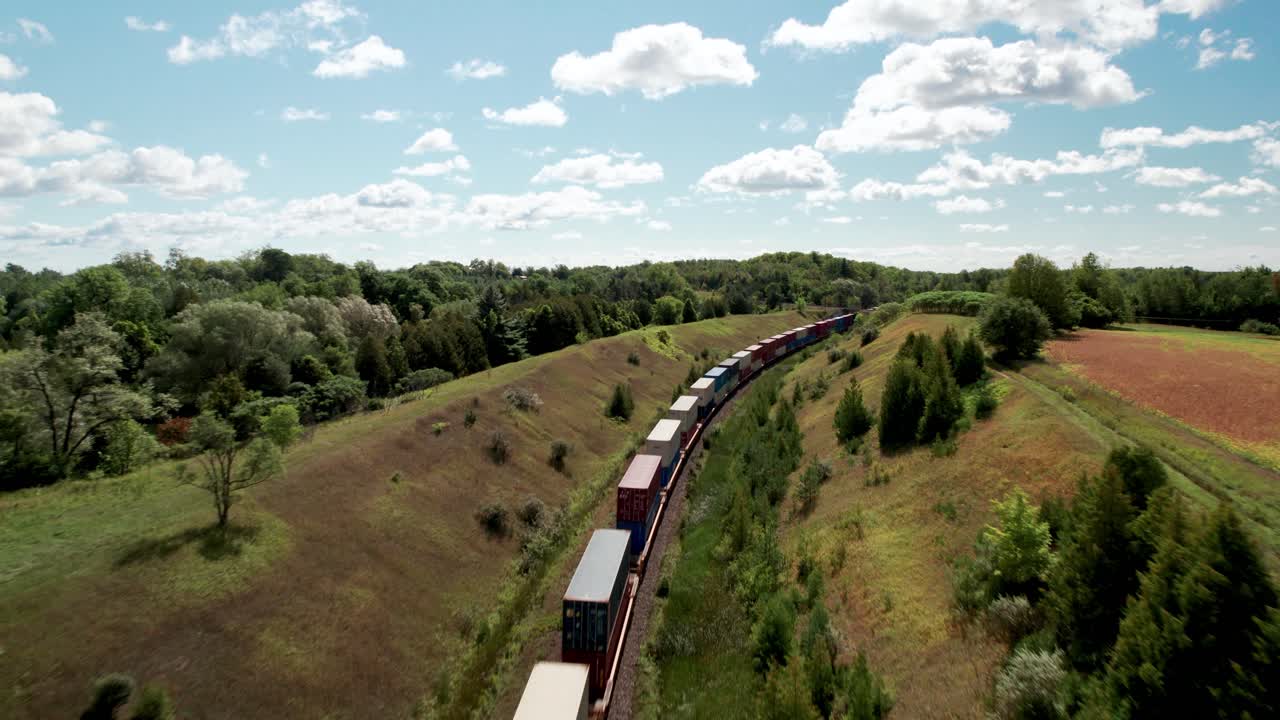 끝없는 화물열차는 차가 도로를 지날 때 다리 아래 풀이 무성한 계곡 풍경을 통과합니다.